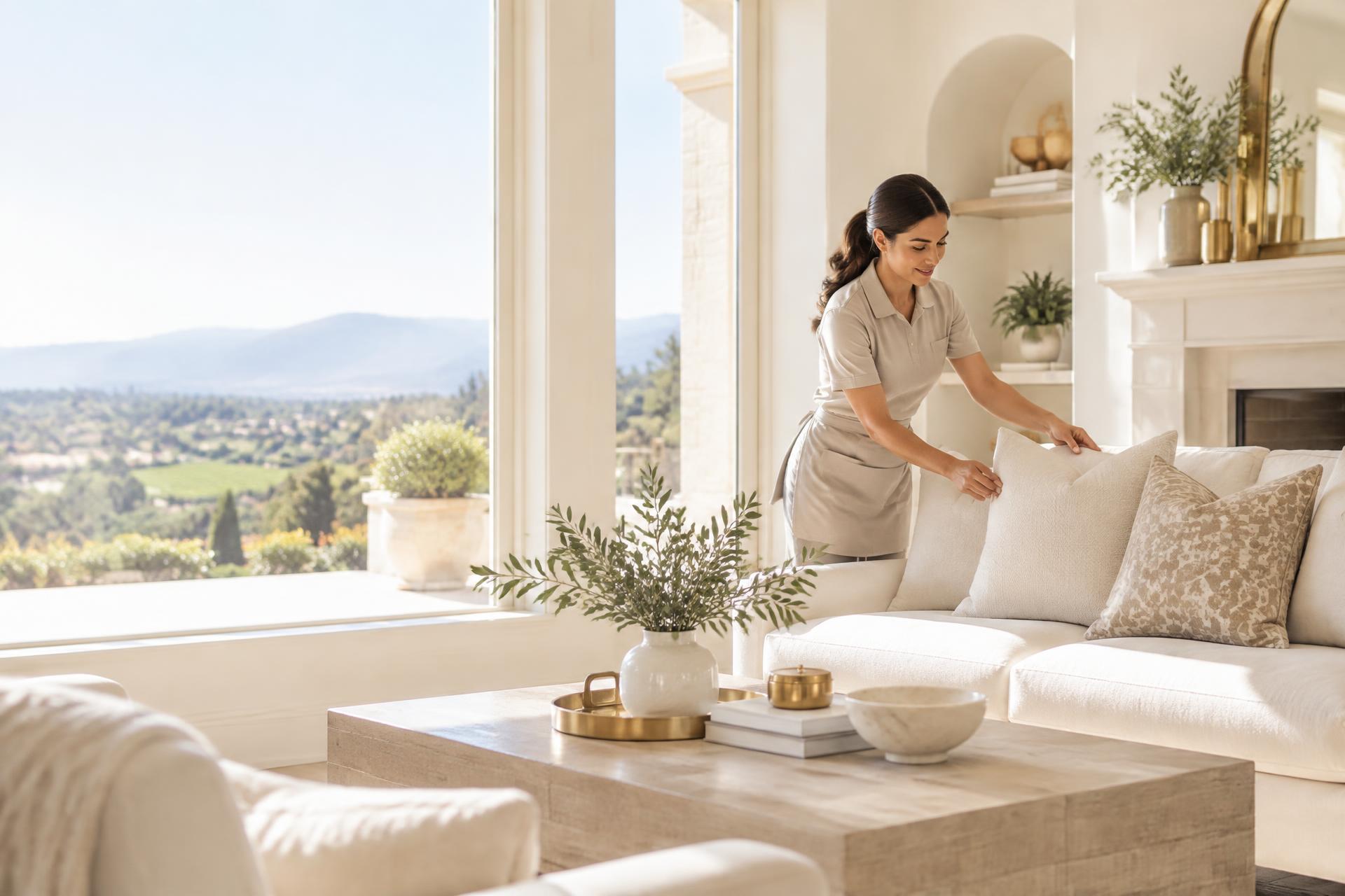 A professional cleaner arranging a pristine Temecula Valley living room